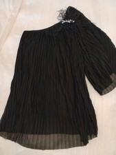 Lipsy Black Pleated One Shoulder Dress with Feather Rhinestone Brooch size 8