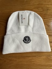 Moncler White Beanie Hat With Black Logo Unisex One Size