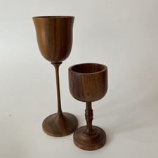 2 Vintage Handmade Wooden Natural Small Chalice Goblet Tall Stemmed 5.5" & 3.5"