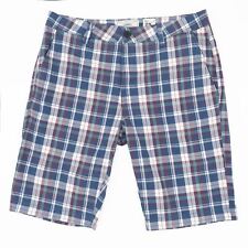 Mens Shorts Chino Blue Tartan Cotton Pocket Zip Button Summer Holiday Flat Front