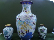 Large vintage white Cloisonne vase plus 2 smaller vases