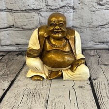 White & Bronze 18cm x 15cm Large Chinese Buddha Sitting On Lotus Statue Resin