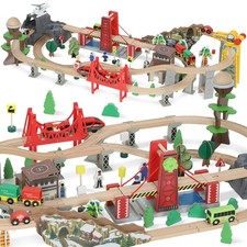 AIYAPLAY Wooden Train Set, 100 Piece Toy Train with Crane for 3+ Years Old