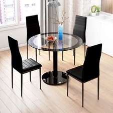 Contemporary Black Dining Table 90cm Round Tempered Glass Top With Chrome Legs