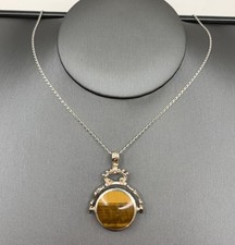 925 Sterling Silver Tigers Eye & Agate Fob Swivel Pendant Necklace - 20" Inches