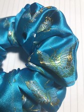 Handmade Hair Scrunchie Butterflies, Turquoise Silky Chinese Woven Fabric