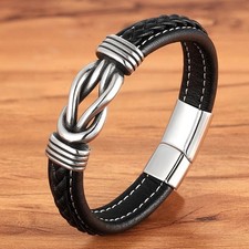 Men’s Leather Bracelet with Stainless Steel Magnetic Clasp – Braided Love Knot