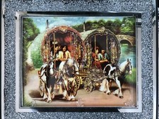 XL CRUSHED DIAMOND CRYSTAL LIQUID ART WALL HUNG HORSE WAGON WHITE ANGEL 55x45CM