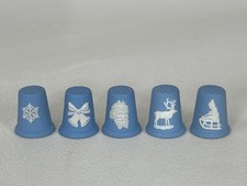 WEDGWOOD WHITE ON PALE BLUE JASPER 1980'S CHRISTMAS THIMBLE SELECTION
