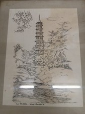 Art Drawing The Pagoda, Kew Gardens Signed Entwistle 1969
