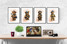 Teddy Bear Firefighter Characters Set Of 4 Prints Pictures Wall Art Poster