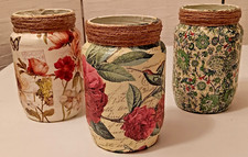 Set Of 3 Hand Decorated Country Rustic Glass Display Jars Flowers Peacocks