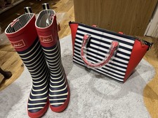 Joules Navy Stripes Size 7 Uk White Blue Women’s Wellies With Matching Aldo Bag