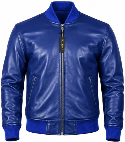 Men royal blue leather bomber - blue,