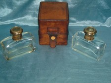 Period Art Deco Pair Glass Cologne / Spirit Bottles in Leather Case - German