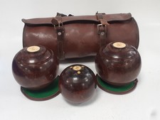 Antique Pair Wooden Lawn Bowls Bias 2 & Wooden Jack & Leather Carry Case Vintage