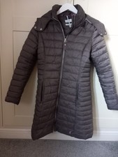 Joules ladies long brown padded coat size 12 detachable hood zip pockets 