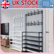New Coat and Hat Stand 8 Hooks Metal Shoe Rack 5 Tiers Shelf Hanger Black