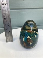 VINTAGE MDINA DUMP STYLE GLASS PAPERWEIGHT BLUE GREEN YELLOW HERRINGBONE PATTERN