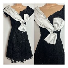 Vintage 1980s DAVE & JOHNNY Black & White Sequin Bow Detail Xmas Party Dress 6