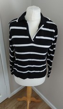 Ladies Black & White Striped Collared Nautical Jumper Sweater Top Size Medium 