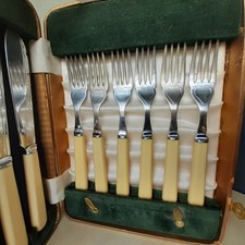12 Piece Steel Chrome Plated Cream Handled Cutlery Vintage Set Sheffield In Box