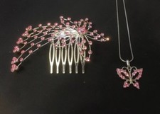 Hair Comb Pink Diamanté Crystal Star with Matching Butterfly Pendant Necklace