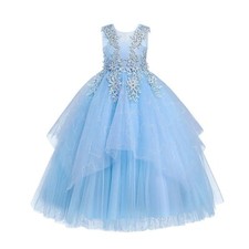 Girls Pageant Dress Sleeveless Floral Lace Princess Tulle Tutu Dress Blue 11-12Y