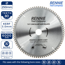 250mm x 80T x 30mm TCT Circular Wood Saw Blade For Bosch, Makita, Dewalt, Mitre