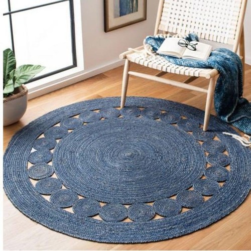 Round jute rug natural - jute, blue