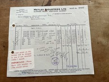 1954 Invoice Metlex Industries Croyden Surrey