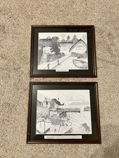 Pair Cornish Art Original Ink Drawings Signed Mounted Framed Hope & Mullion Cove