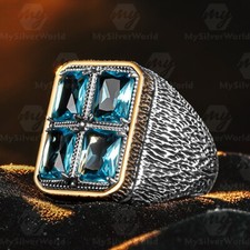 925 Sterling Silver Octagon Cut  4 Aquamarine Stone Turkish Men's Ring