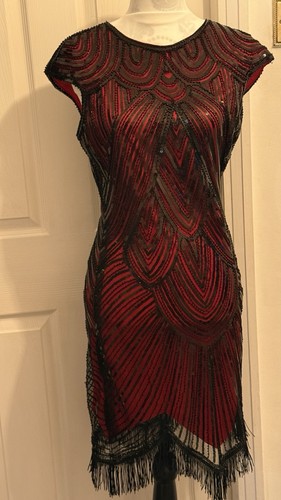 Red black sequin fringe - red,