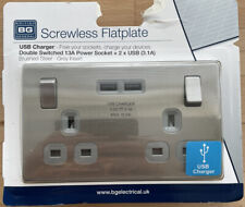 BG Brushed Steel Screwless FlatPlate Double Switched Socket Charger USB X 2
