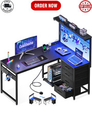 L Shaped Gaming Desk with Drawers & Shelf, 110 × 80 cm Reversible Corner Comput