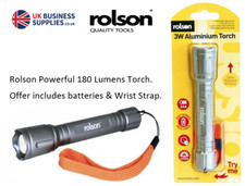 Rolson Powerful Aluminium 180 Lumens Torch. Includes batteries & Wrist Strap.