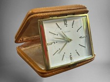 Mid Century C70’s Estyma Folding Leather Case Travel Alarm Clock Good Working