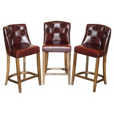 THREE VINTAGE OXBLOOD LEATHER CHESTERFIELD TUFTED KITCHEN DINER BAR STOOLS