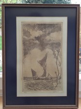 'Swatchways' Sailing Barge Original Antique Print Engraving Etching Signed
