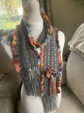 Crochet Grey Scarf Sparkle Sequin Fringe Flower Whimsy Boho Hippy OOAK Handmade