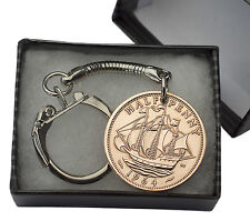 COIN KEYRING - BRITISH HALF PENNY KEY RING CHOICE OF YEAR 1923-1967 BIRTHDAY