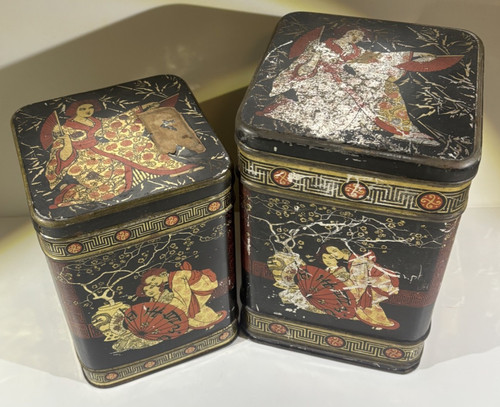 Rare pair antique tea tins - rare, of