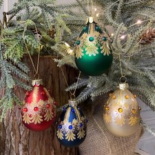 Glass Jewelled Egg Bauble Christmas Tree Decoration Red Gold Green Gisela Graham