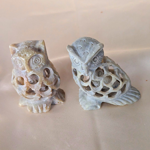 Hand carved soapstone owl pair - hand,