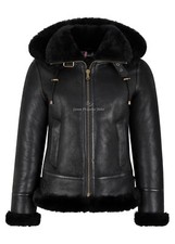 Ladies B3 Sheepskin Black/Black Fur Detachable Hood Classic WW2 Shearling Jacket