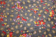 Vintage 1950s Novelty Fabric, Gray Purple Yellow Paisley Toile Boy & Girl 3/4 YD