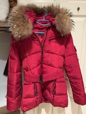 red belted puffer jacket with real racoon fur hood size 12