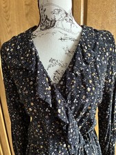 Fantastic Black Flowered Long Sleeved Mock Wrap Frilled Dress By Next Size 14