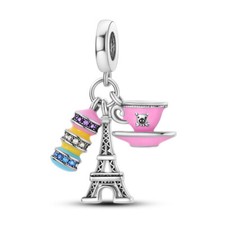 Travel Eiffel Tower Paris Macaroon Tea Cup Charm Bead Sterling Silver 925 